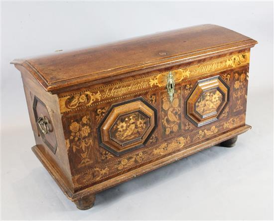 An early 19th century Hamburg oak and marquetry marriage coffer, W.4ft 4in. D.2ft 3in. H.2ft 6in.